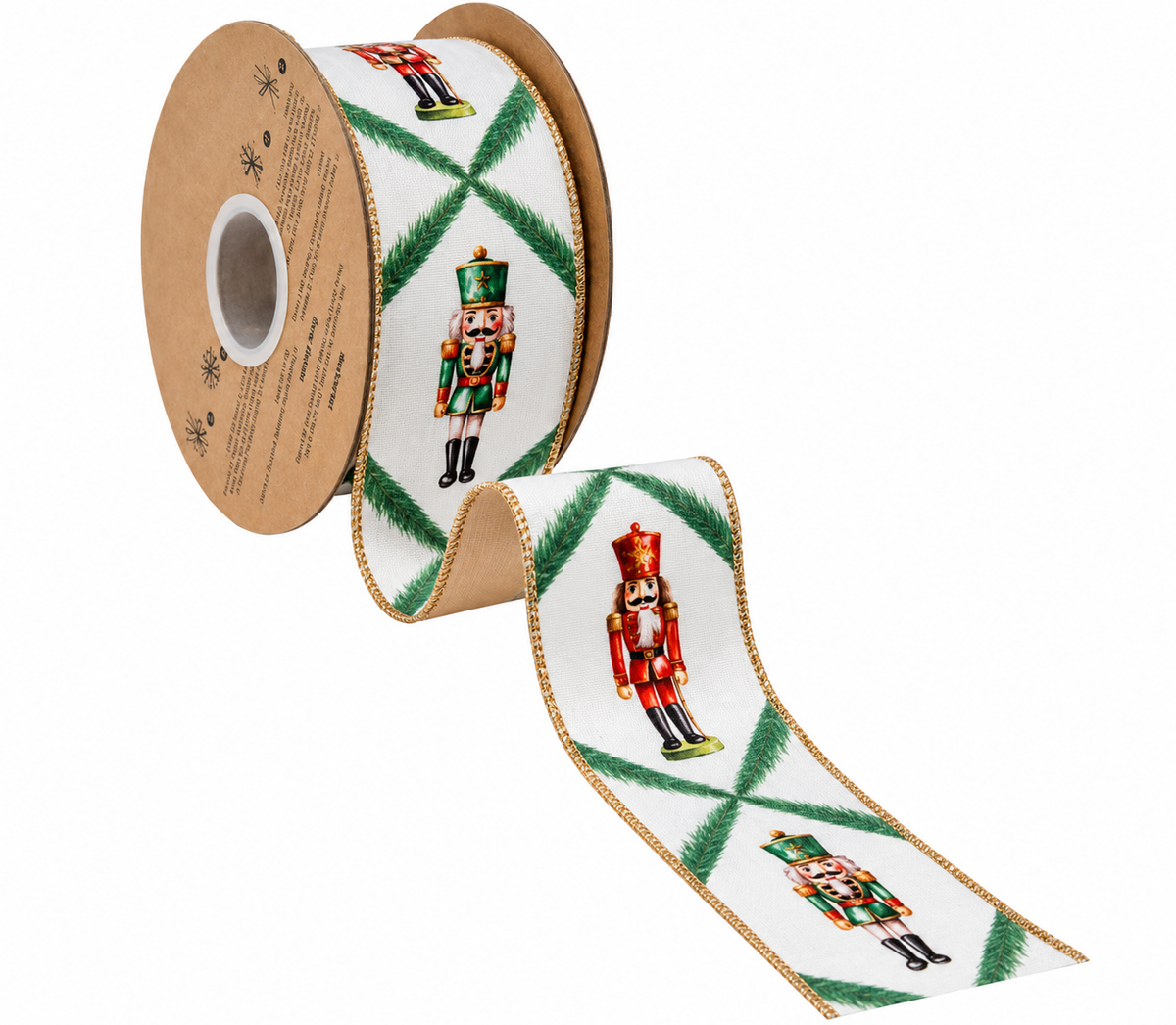 A roll of Christmas-themed ribbon with nutcracker characters printed on it.
