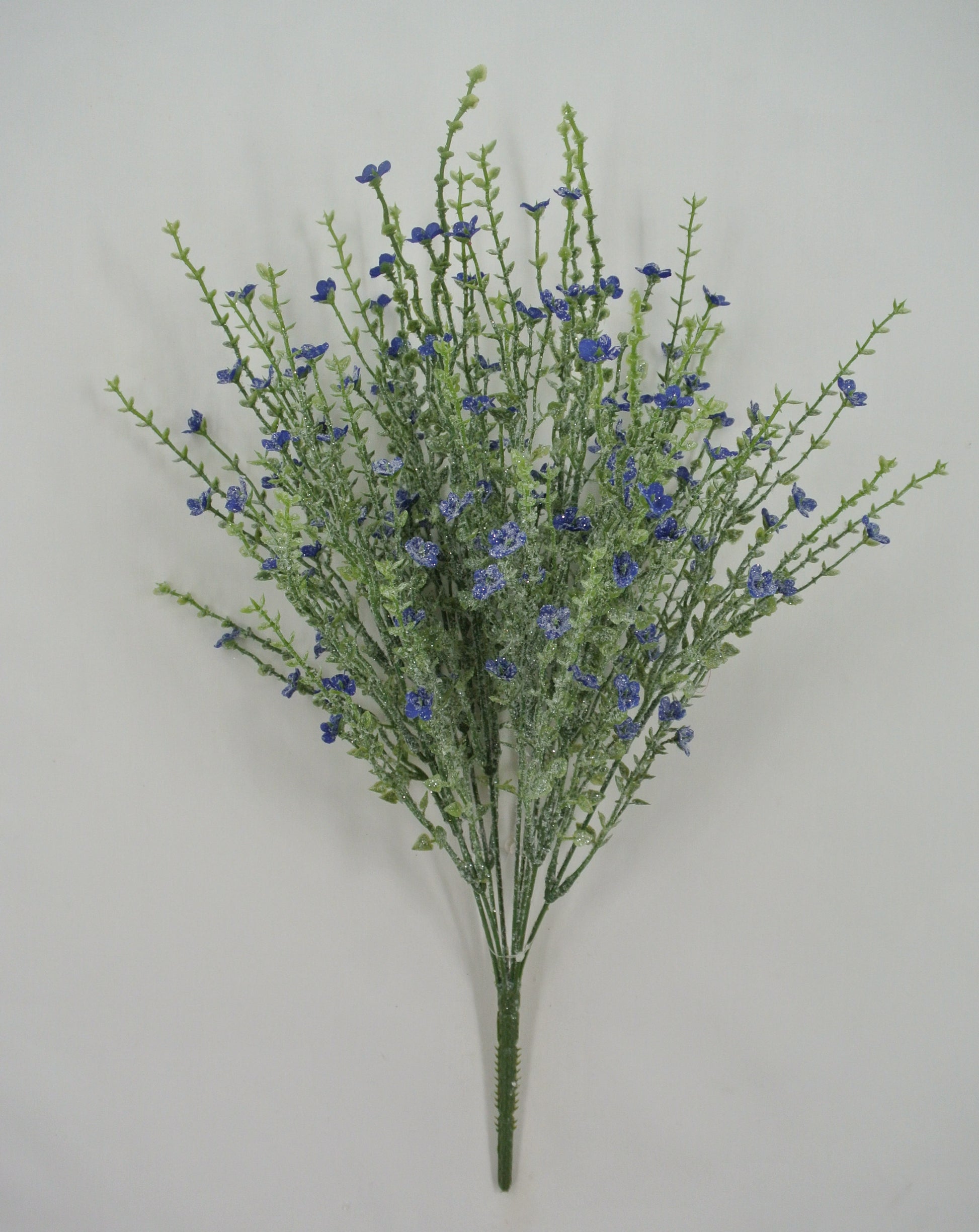 A bouquet of small blue flowers with green stems is displayed against a plain white background.