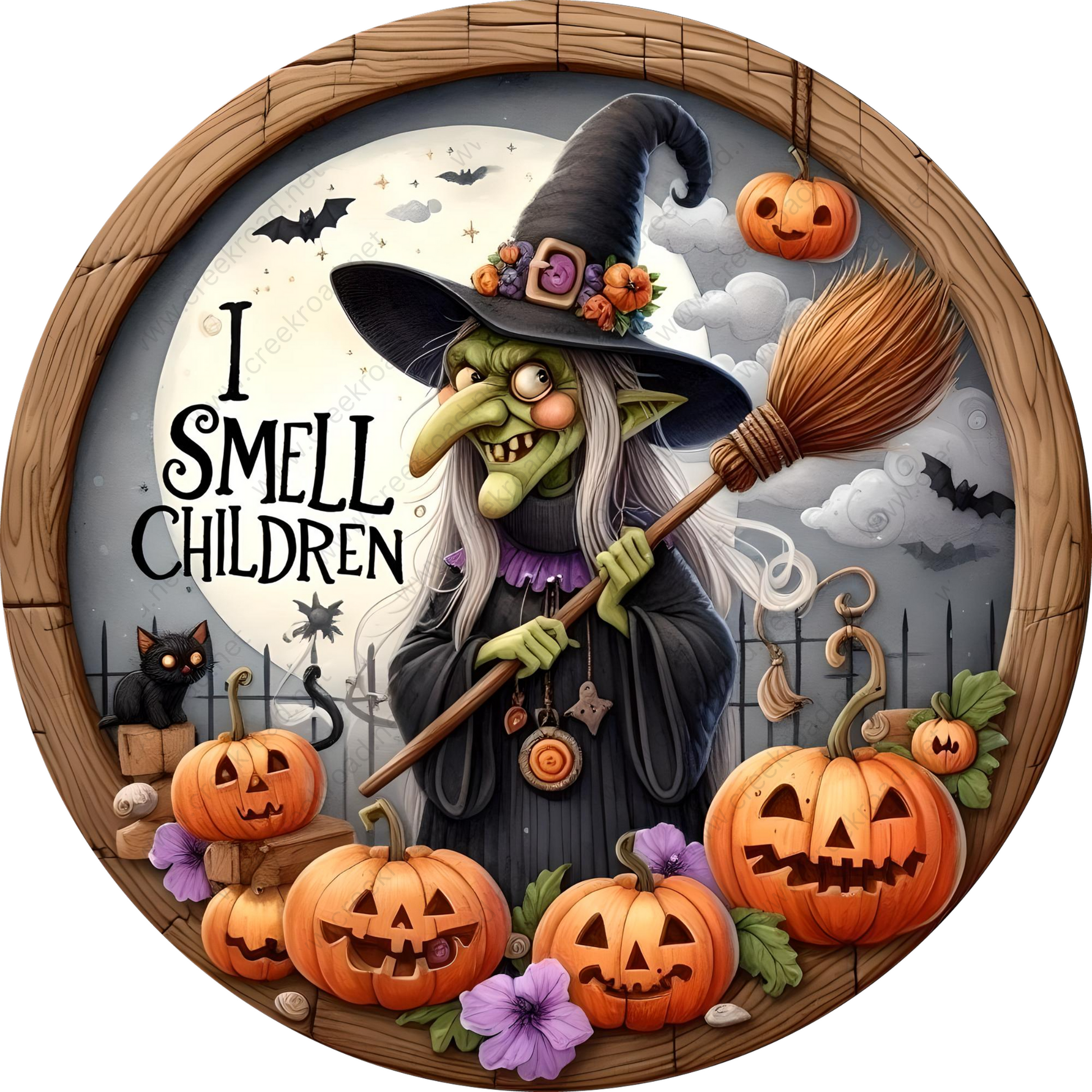 a clock with a witch and pumpkins on it