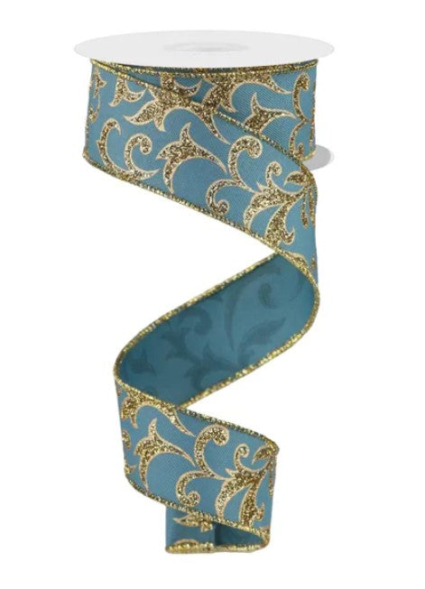 A spiral-shaped blue and gold ribbon with a floral pattern.