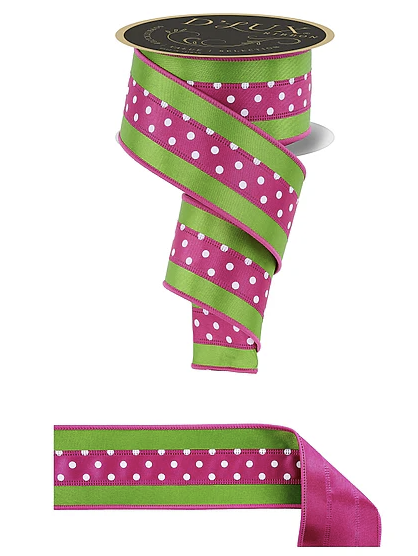 A pink and green polka dot ribbon with a green stripe, and a smaller pink and green striped ribbon.