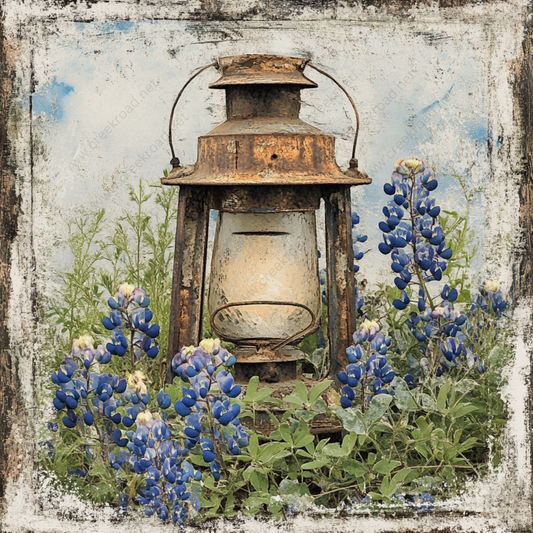 a painting of a lantern surrounded by blue flowers