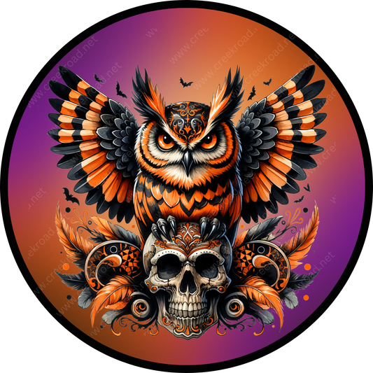an owl sitting on top of a skull