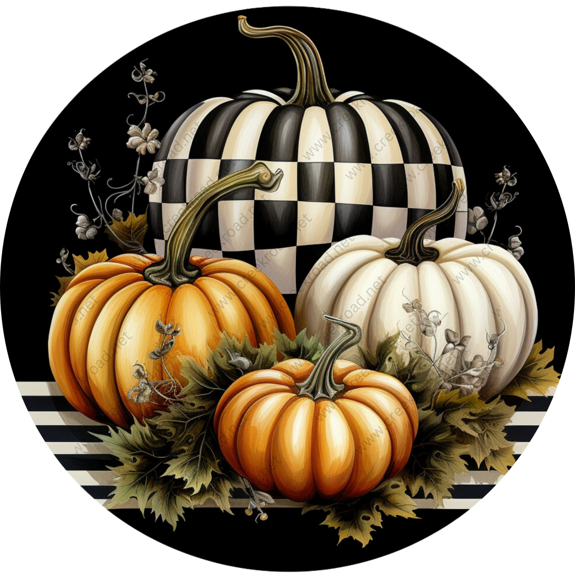 a painting of pumpkins on a black and white checkered background