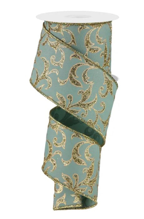 A turquoise and gold floral patterned ribbon is shown, with a white base.
