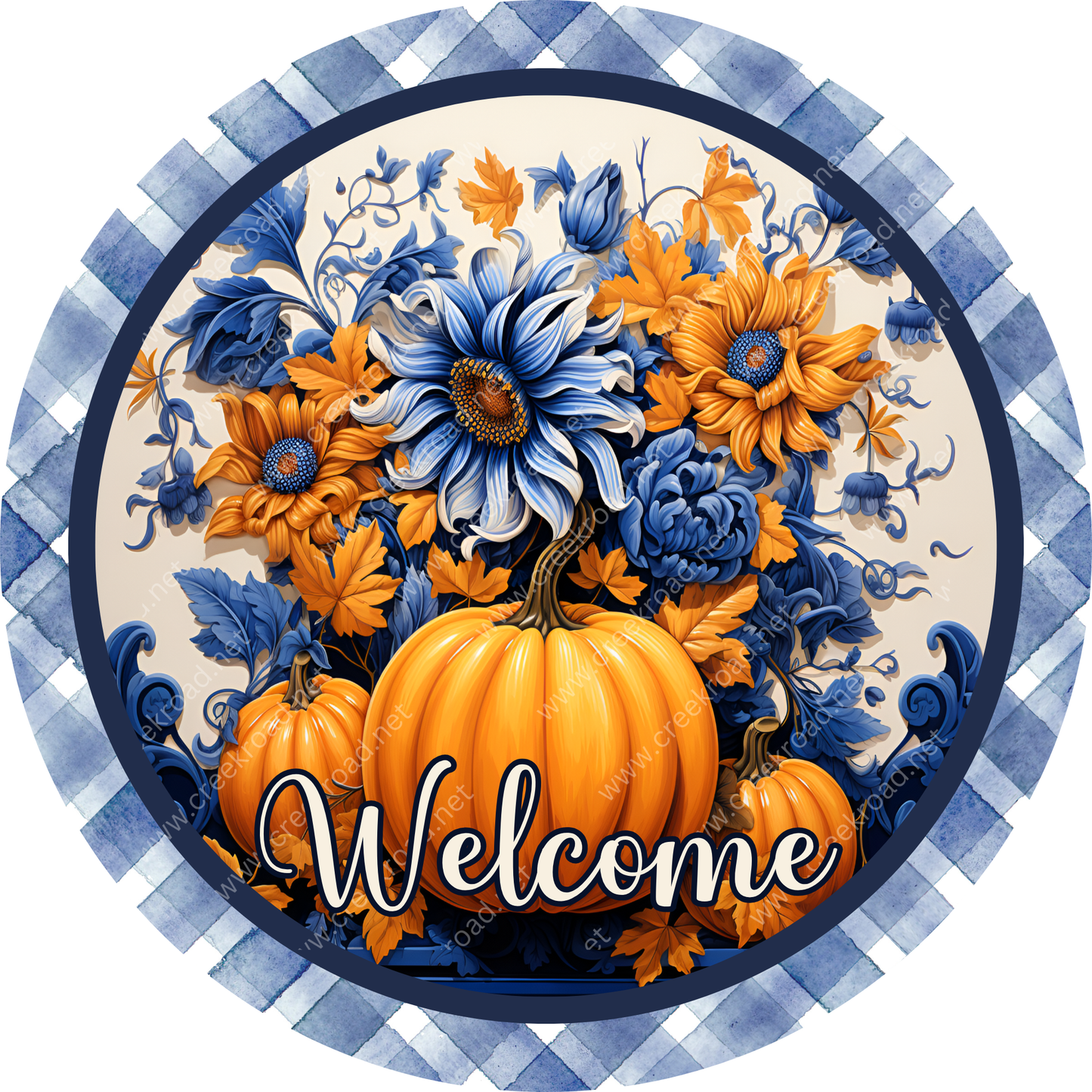 A circular welcome sign featuring a vibrant floral arrangement of orange and blue flowers, including sunflowers and pumpkins, against a blue and white checkered background.