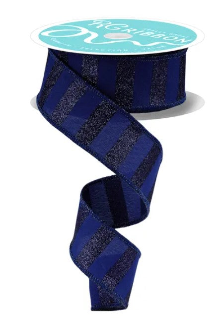 A blue and black striped ribbon is shown, with the ribbon winding around a white circular object.
