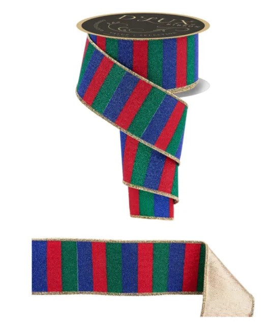 a colorful, striped ribbon with red, blue, and green stripes. The ribbon appears to be made of glittery material and is displayed against a white background.