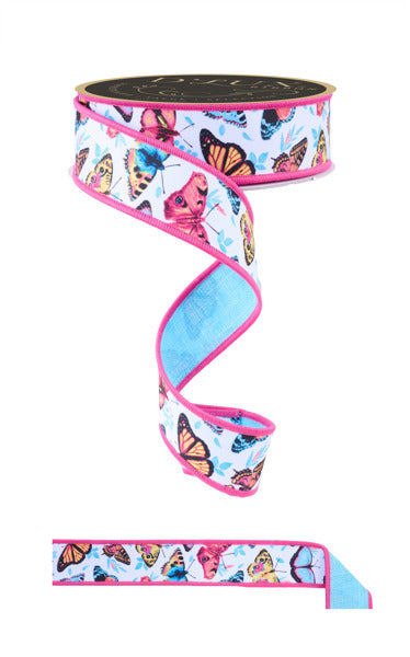 a pink and blue ribbon with butterflies on it