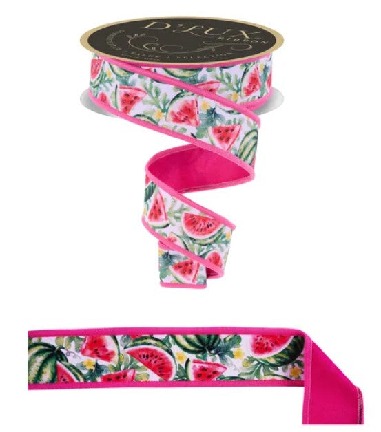 a pink and white watermelon-themed ribbon with a black and gold label.