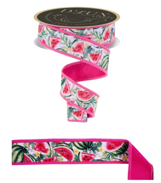 a pink and white watermelon-themed ribbon with a black and gold label.