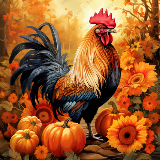 a painting of a rooster in a pumpkin patch