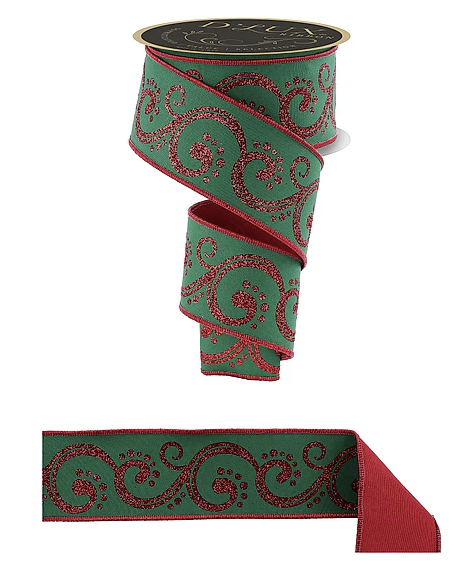 A green and red decorative ribbon with a floral pattern, and a matching red ribbon with a similar floral pattern.