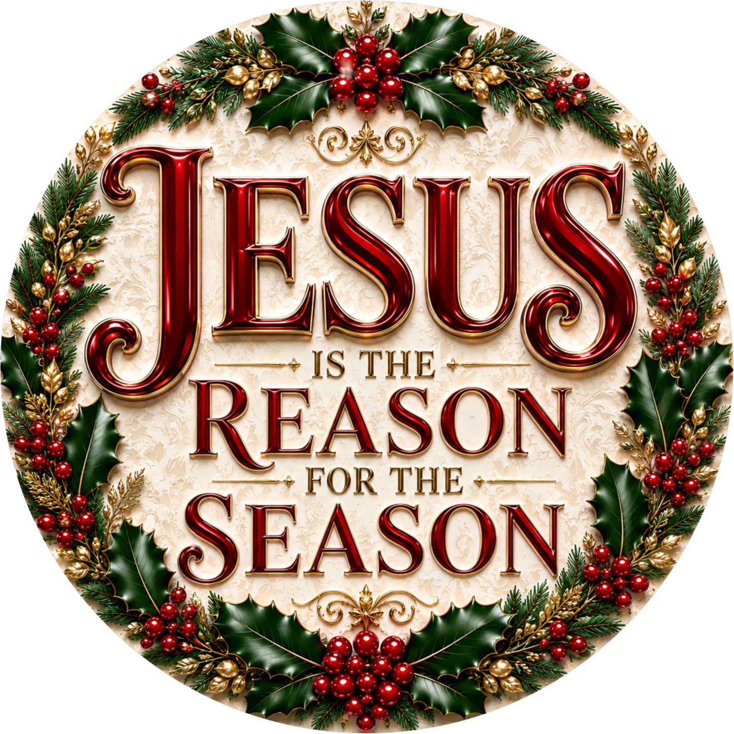 A circular Christmas-themed design with the text "JESUS is the reason for the season" surrounded by holly leaves, berries, and other holiday decorations.