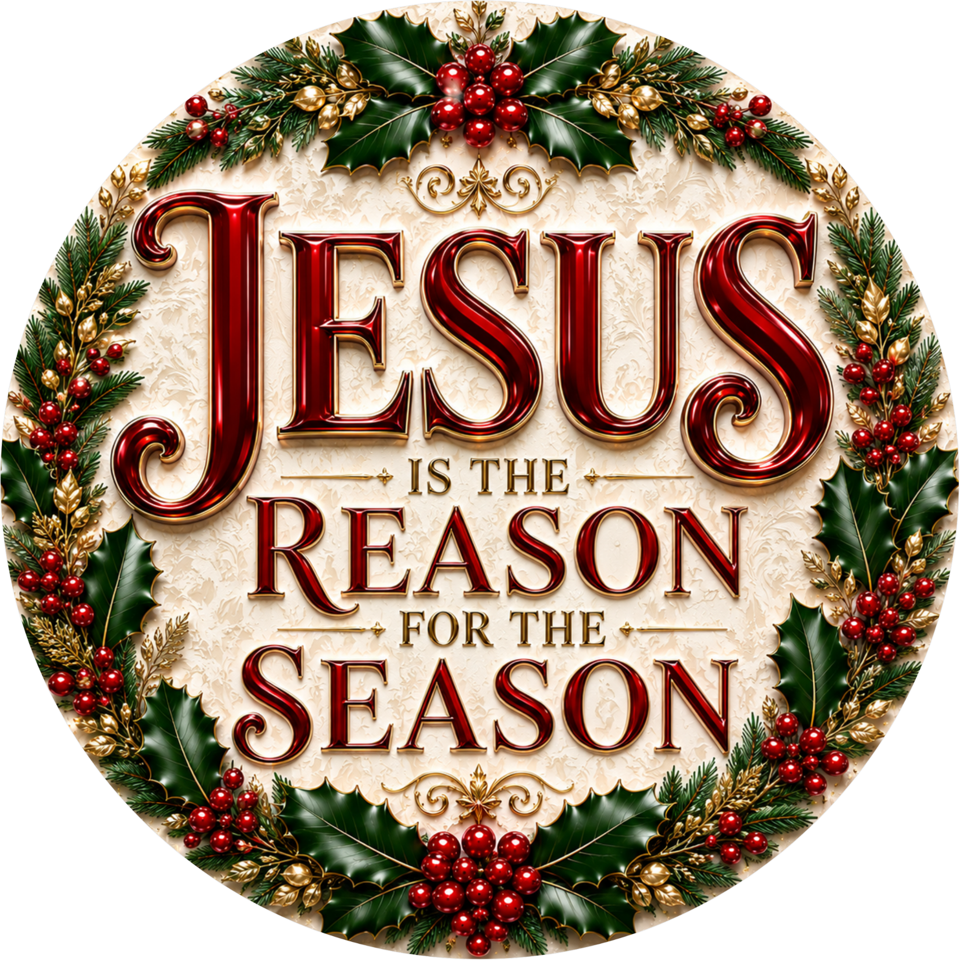 A circular Christmas-themed design with the text "JESUS is the reason for the season" surrounded by holly leaves, berries, and other holiday decorations.