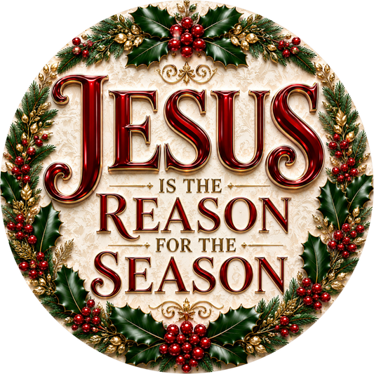A circular Christmas-themed design with the text "JESUS is the reason for the season" surrounded by holly leaves, berries, and other holiday decorations.