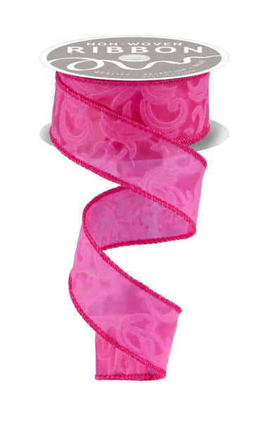 a pink, non-woven ribbon with a floral pattern.