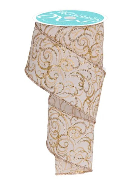 a decorative ribbon with a gold and white swirl pattern.