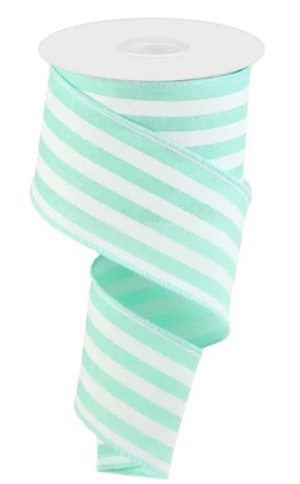A roll of mint green and white striped ribbon.