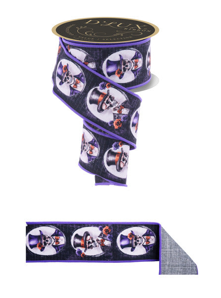 a ribbon with a repeating pattern of skull and top hat designs in shades of purple and black.