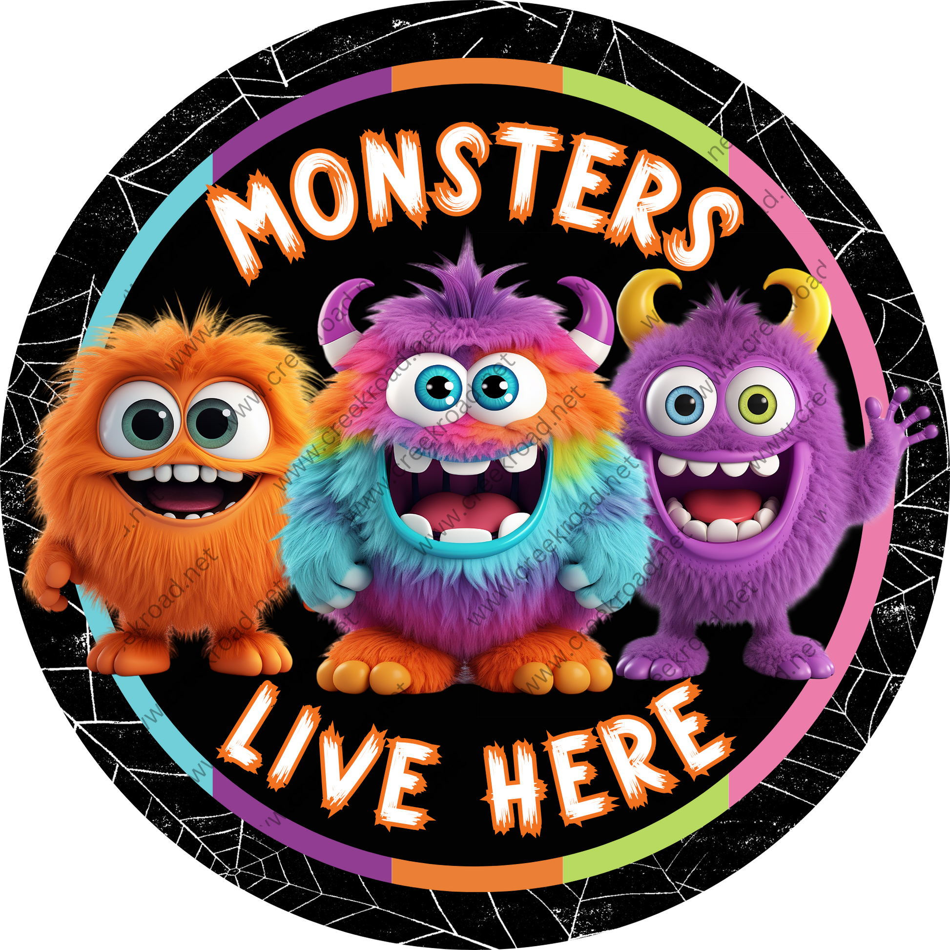 a round sticker with three monsters on it