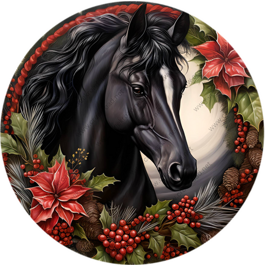 a black horse surrounded by holly and poinsettis