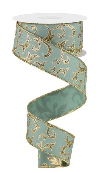 A turquoise and gold floral patterned ribbon with a metallic gold trim.