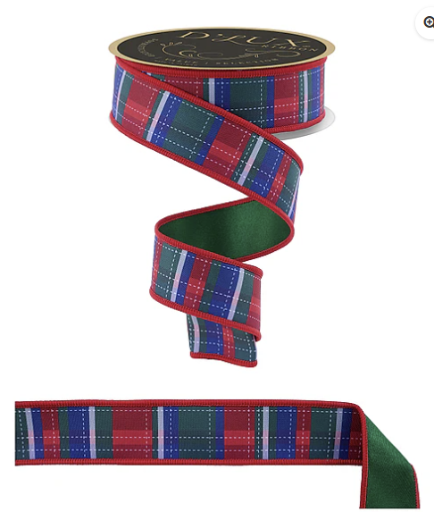 a plaid ribbon with a red border and a green center. The ribbon is coiled and appears to be a decorative item.