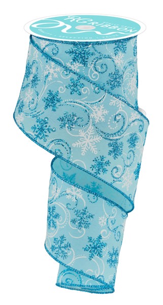 A turquoise and white snowflake-patterned ribbon is shown against a white background.