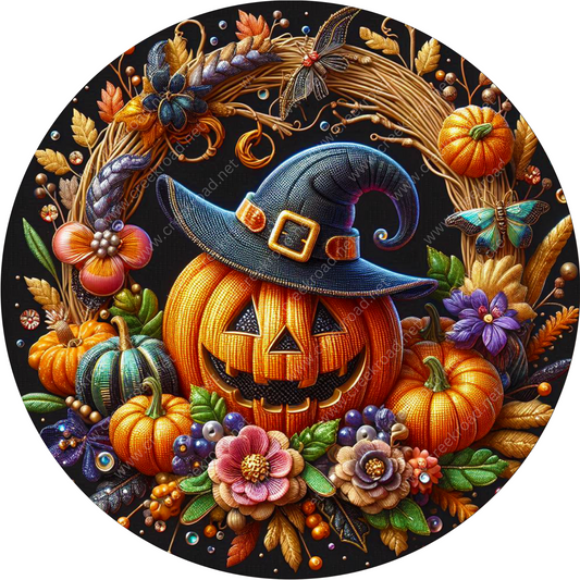 a painting of a pumpkin wearing a witches hat