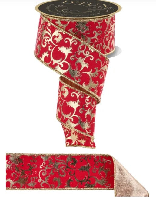 a red and gold floral patterned ribbon with a gold trim.