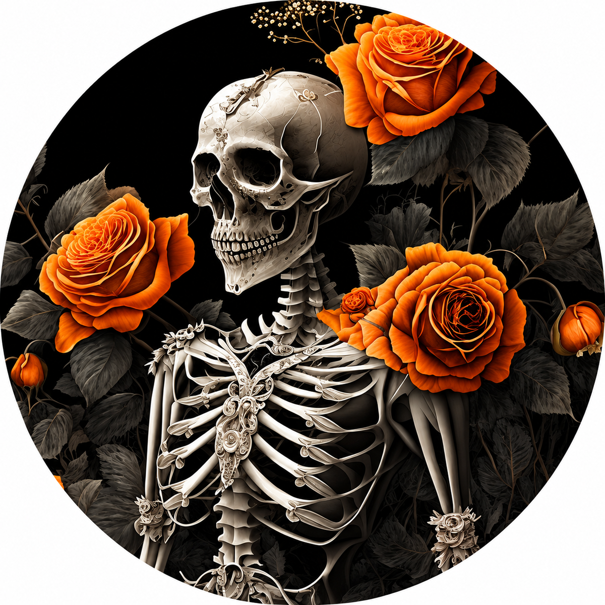 A skeleton figure is surrounded by vibrant orange roses against a dark background, creating a striking and visually captivating image.