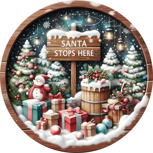 a santa stop sign surrounded by christmas decorations