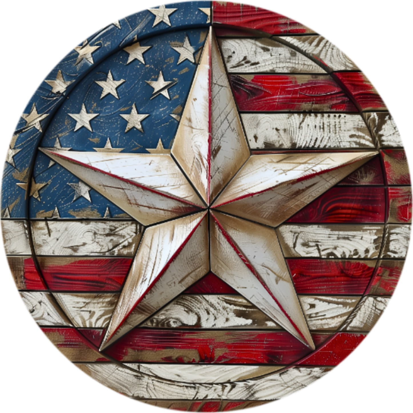 a large, weathered star-shaped design with a distressed, worn appearance, resembling a piece of wood. The star is surrounded by a circular border that has the American flag pattern, creating a patriotic and rustic design.
