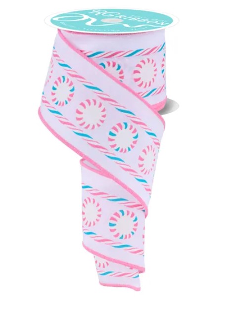 A pink and blue spiral-patterned ribbon is shown, with a white label attached to the top.