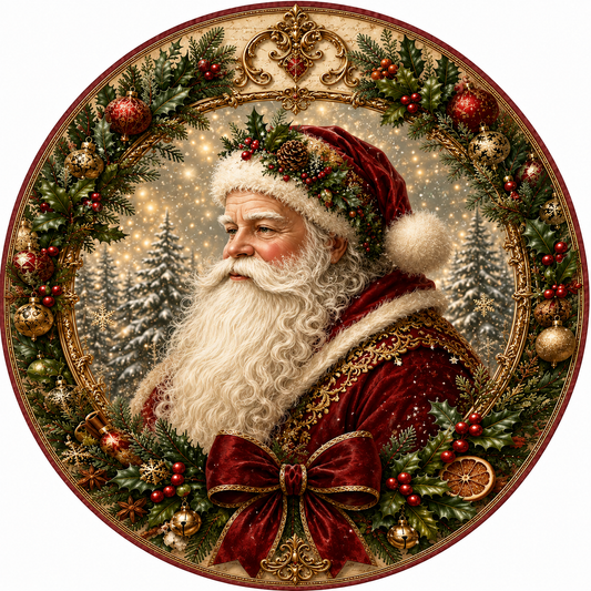 Santa Claus in a wreath, surrounded by Christmas decorations and trees.