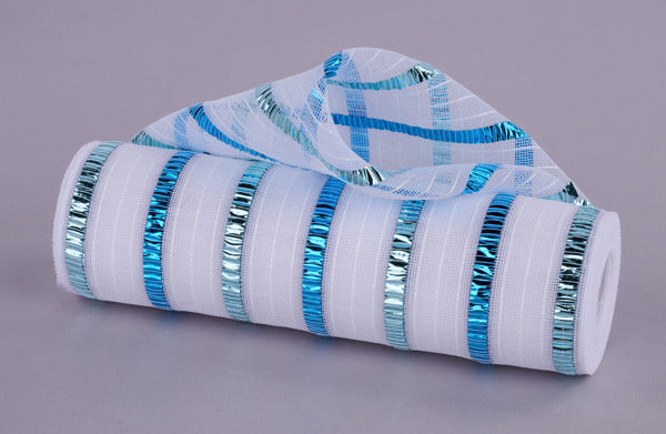a roll of white and blue ribbon on a gray background