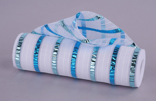 a roll of white and blue ribbon on a gray background