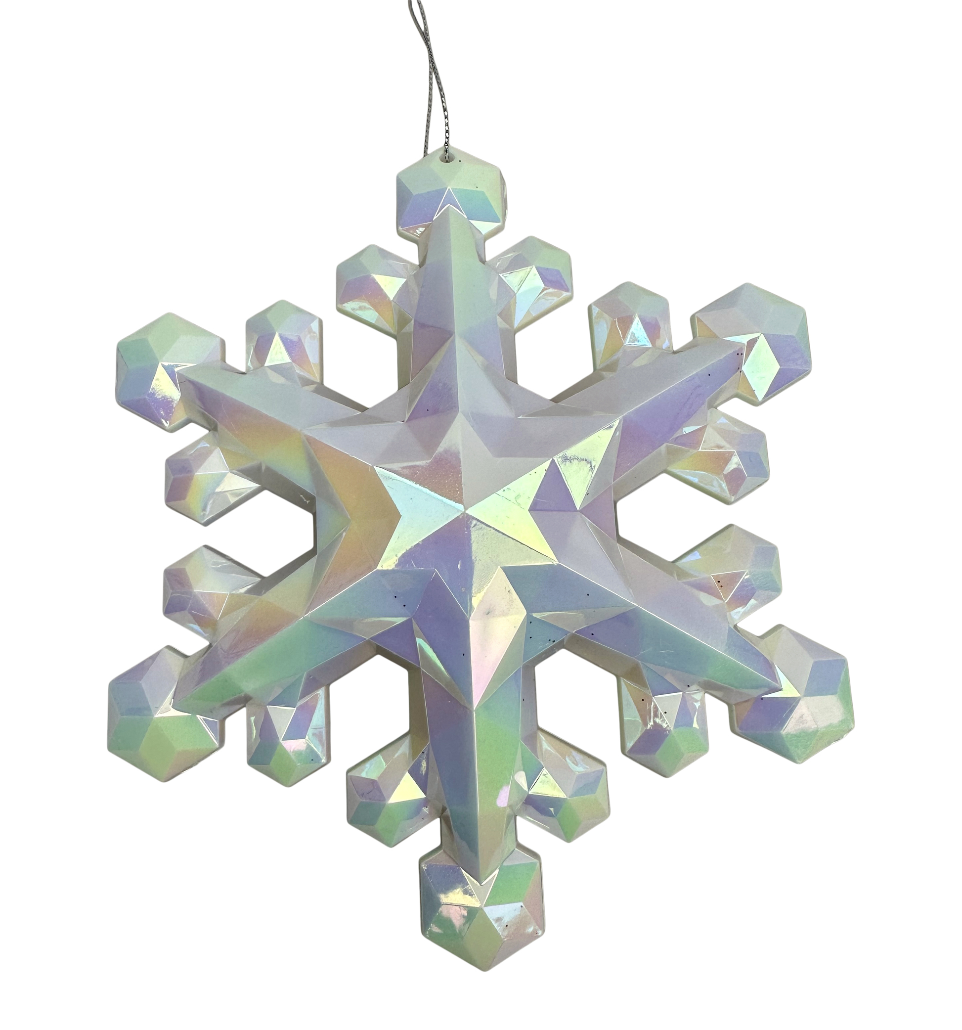 A decorative snowflake ornament made of small, iridescent crystals or stones, hanging against a gray background.