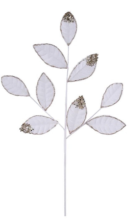 A white branch with six leaves, each adorned with small glittery decorations.