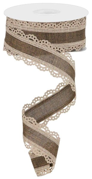 A roll of brown and beige lace-like ribbon with a scalloped edge.