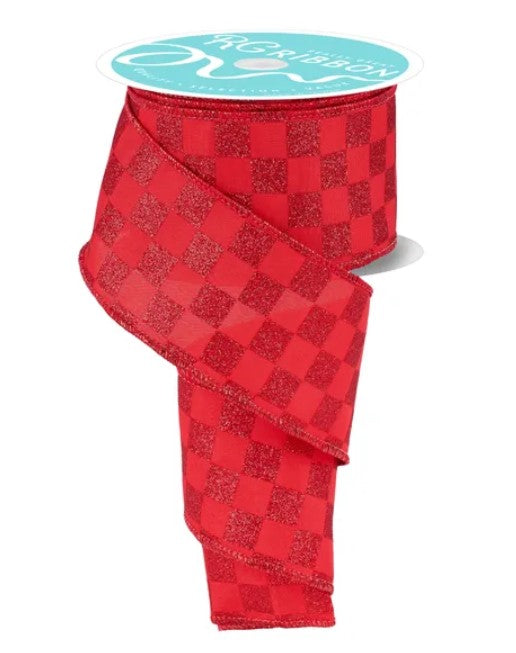 a red checkered ribbon with a turquoise label on top.