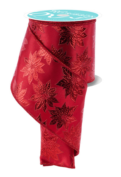 a red ribbon with a floral pattern, including red poinsettia flowers, hanging from a spool of ribbon.