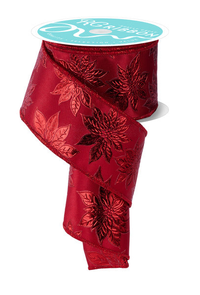 A red ribbon with a floral pattern, featuring red poinsettia flowers and leaves, is displayed against a white background.