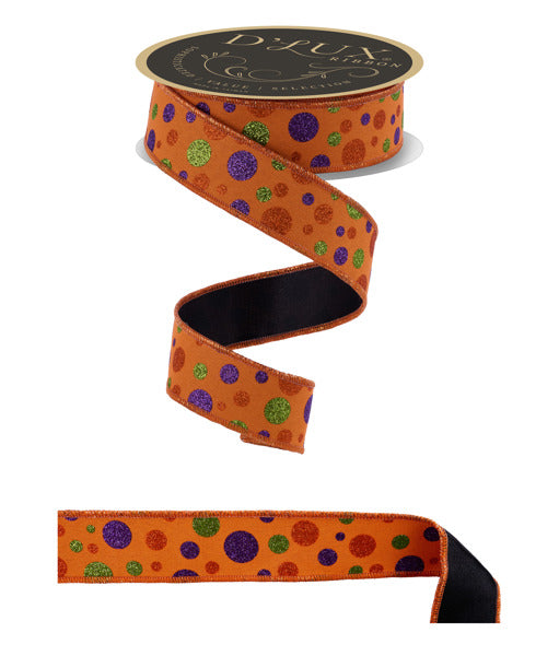a roll of orange and black polka dot ribbon with a black backing, and a black ribbon with a colorful polka dot pattern.