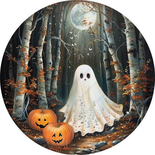 a painting of a ghost and two pumpkins