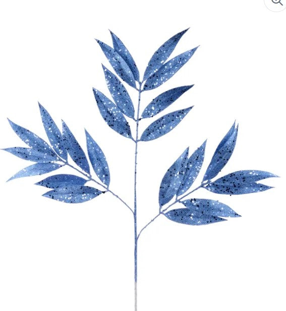 A stylized blue leaf with a pattern of small white dots, resembling a branch or stem.