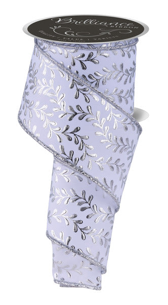 A silver and white floral patterned ribbon is displayed against a white background.