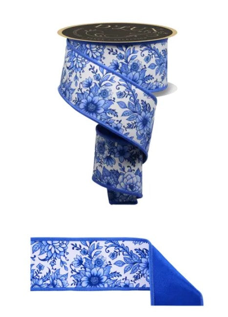 a blue and white floral patterned ribbon, which is a decorative item.