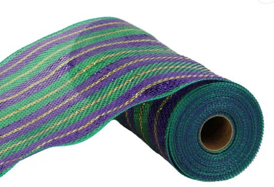 A roll of colorful, striped mesh material in shades of green, purple, and gold.